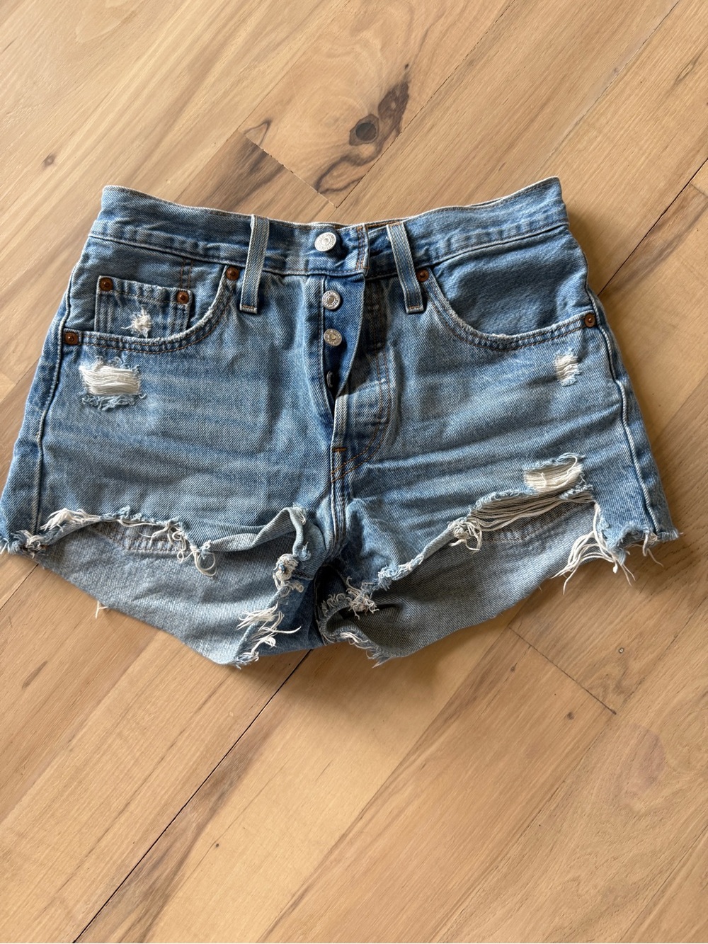 Levi's Light Blue Distressed High-Waist Denim Shorts 25
